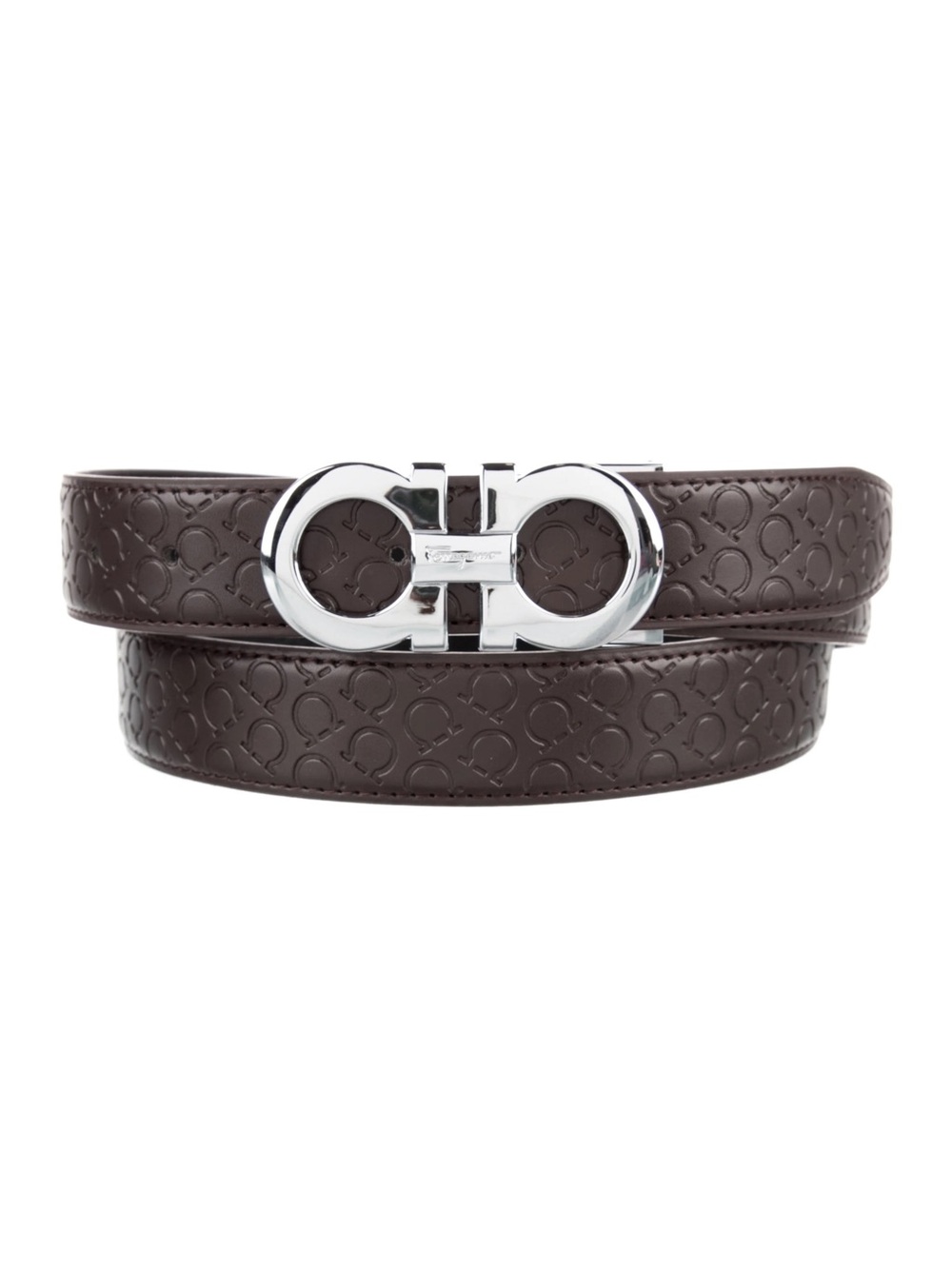 Salvatore Ferragamo Authentic Silver Gancini Buckle Brown Embossed Leather Belt
